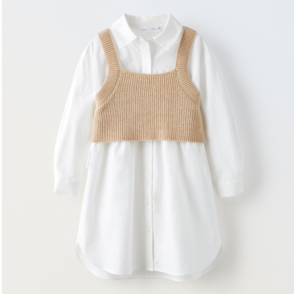 ZARA Girls Combo Knit Poplin Shirt Dress, Size 9-10